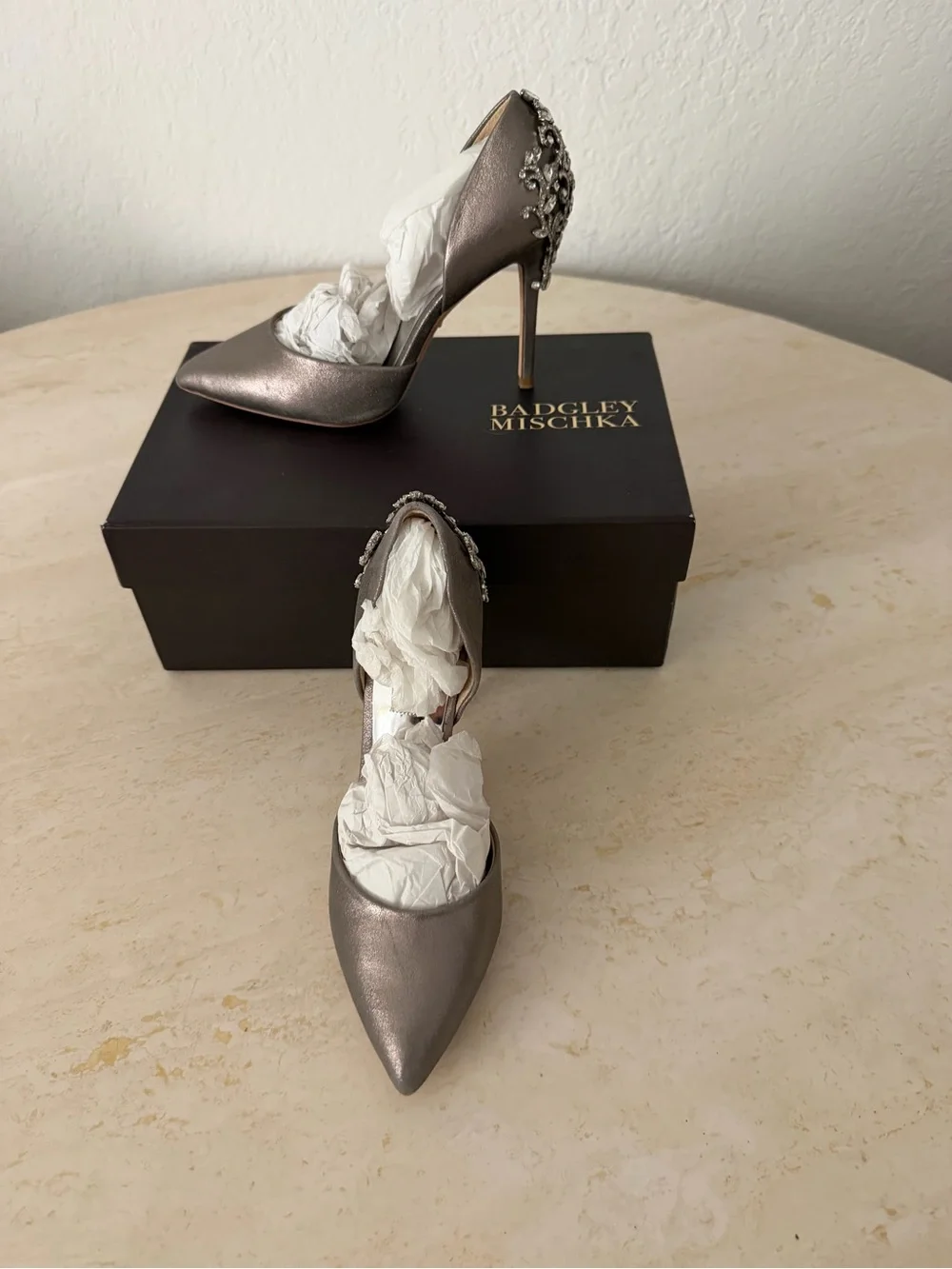Badgley Mischka Metallic Taupe D'Orsay Pumps with Embellished Heel